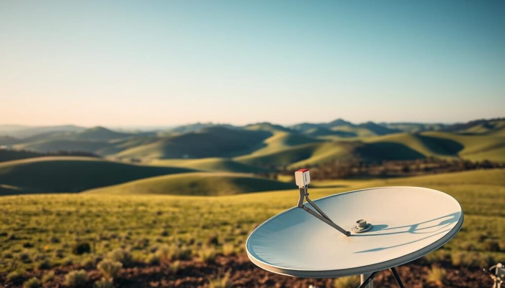 rural satellite dish antenna on farm in queensland, australia, with rolling green hills and blue sky in background, wide angle landscape shot, warm afternoon sunlight, detailed engineering and technical elements, clean modern design, reliable high-speed internet connectivity solution for remote rural areas