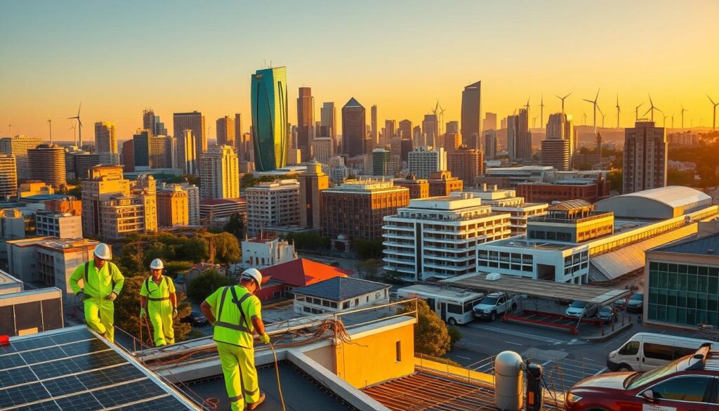 A bustling cityscape at golden hour, with a focus on the booming green jobs sector in Australia. In the foreground, workers in bright green overalls install solar panels on rooftops, surrounded by the hum of electric vehicles. In the middle ground, modern high-rises and skyscrapers with green accents and rooftop gardens. The background features a mix of wind turbines, hydroelectric dams, and other renewable energy infrastructure, all bathed in warm, golden light. The atmosphere is one of progress, sustainability, and a brighter, greener future for Australia. A bustling cityscape at golden hour, with a focus on the booming green jobs sector in Australia. In the foreground, workers in bright green overalls install solar panels on rooftops, surrounded by the hum of electric vehicles. In the middle ground, modern high-rises and skyscrapers with green accents and rooftop gardens. The background features a mix of wind turbines, hydroelectric dams, and other renewable energy infrastructure, all bathed in warm, golden light. The atmosphere is one of progress, sustainability, and a brighter, greener future for Australia.