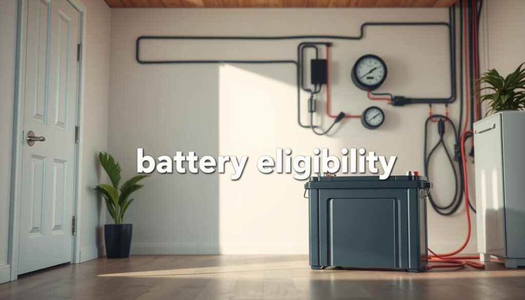 A clean, well-lit interior setting with a focal point showcasing a household battery system. The battery is prominently displayed, with a sleek, modern design that conveys reliability and efficiency. The background features a stylized representation of a home's electrical system, with wires, circuits, and meters subtly indicating the battery's role in powering the household. The lighting is soft and natural, creating a sense of warmth and homeliness. The overall composition is balanced and visually appealing, conveying the idea of "battery eligibility" in a clear and informative manner.