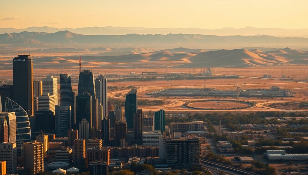 A complex landscape depicting the economic impact of Australia's climate policy. In the foreground, a bustling city skyline with towering skyscrapers, representing the financial and industrial sectors. In the middle ground, a sprawling mining operation, symbolizing the energy and resource industries. In the background, a rolling, drought-stricken landscape, hinting at the environmental challenges posed by climate change. The scene is bathed in a warm, golden light, creating a sense of foreboding and uncertainty. The overall composition conveys the delicate balance between economic priorities and environmental concerns, capturing the heart of the net zero debate. A complex landscape depicting the economic impact of Australia's climate policy. In the foreground, a bustling city skyline with towering skyscrapers, representing the financial and industrial sectors. In the middle ground, a sprawling mining operation, symbolizing the energy and resource industries. In the background, a rolling, drought-stricken landscape, hinting at the environmental challenges posed by climate change. The scene is bathed in a warm, golden light, creating a sense of foreboding and uncertainty. The overall composition conveys the delicate balance between economic priorities and environmental concerns, capturing the heart of the net zero debate.