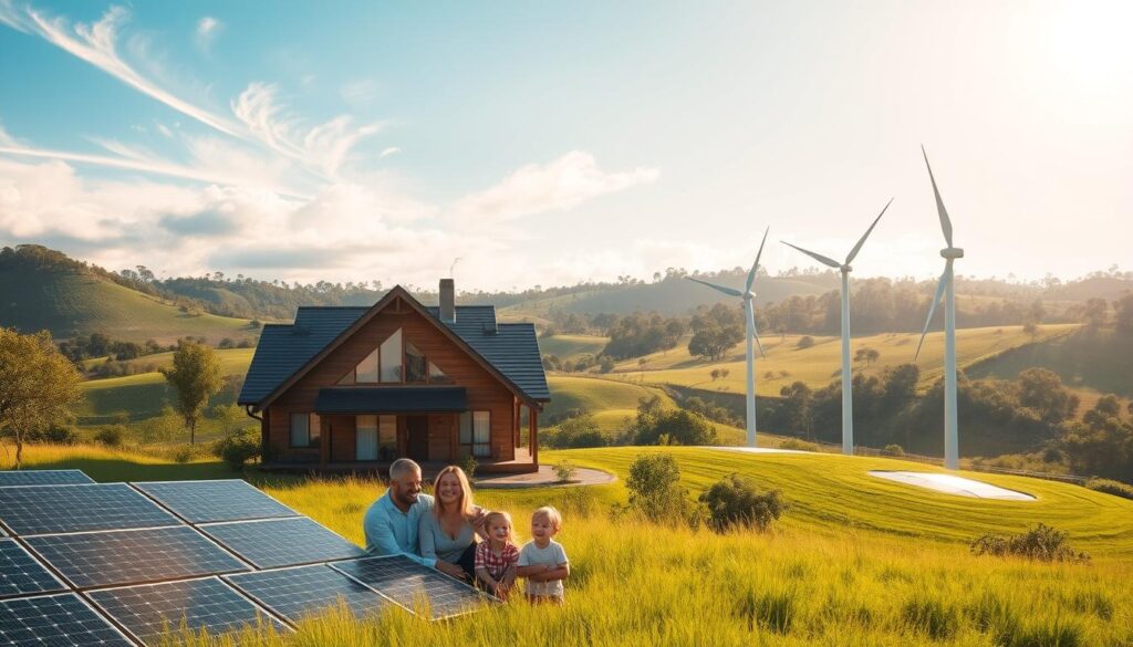 A cozy family home nestled in a lush, verdant landscape, surrounded by solar panels and wind turbines, symbolizing the benefits of renewable energy transition. Warm, golden sunlight filters through wispy clouds, casting a serene glow over the scene. In the foreground, a happy family - parents and children - enjoying outdoor activities, their faces radiating joy and contentment. In the middle ground, clean energy infrastructure seamlessly integrated into the environment, harnessing the power of nature. The background features rolling hills, dotted with flourishing trees and a clear, azure sky, conveying a sense of sustainability and environmental harmony. The overall atmosphere exudes a feeling of progress, prosperity, and a brighter, cleaner future for Australian families. A cozy family home nestled in a lush, verdant landscape, surrounded by solar panels and wind turbines, symbolizing the benefits of renewable energy transition. Warm, golden sunlight filters through wispy clouds, casting a serene glow over the scene. In the foreground, a happy family - parents and children - enjoying outdoor activities, their faces radiating joy and contentment. In the middle ground, clean energy infrastructure seamlessly integrated into the environment, harnessing the power of nature. The background features rolling hills, dotted with flourishing trees and a clear, azure sky, conveying a sense of sustainability and environmental harmony. The overall atmosphere exudes a feeling of progress, prosperity, and a brighter, cleaner future for Australian families.