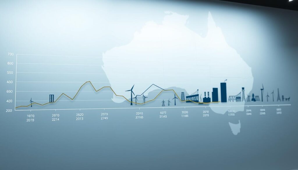 A crisp, data-driven visualization depicting the Australian energy transition timeline. In the foreground, bold line graphs showcasing the historical and projected shifts in renewable energy adoption, fossil fuel usage, and emissions targets. The middle ground features detailed energy source icons - solar panels, wind turbines, coal plants - arranged to convey the dynamic changes over time. In the background, a muted geographical map of Australia provides context, with key cities and regions faintly visible. The lighting is clean and modern, with a cool color palette reflecting the technical, analytical nature of the content. The overall mood is one of objective, data-driven analysis, inviting the viewer to assess the energy transition progress and ongoing policy debates. A crisp, data-driven visualization depicting the Australian energy transition timeline. In the foreground, bold line graphs showcasing the historical and projected shifts in renewable energy adoption, fossil fuel usage, and emissions targets. The middle ground features detailed energy source icons - solar panels, wind turbines, coal plants - arranged to convey the dynamic changes over time. In the background, a muted geographical map of Australia provides context, with key cities and regions faintly visible. The lighting is clean and modern, with a cool color palette reflecting the technical, analytical nature of the content. The overall mood is one of objective, data-driven analysis, inviting the viewer to assess the energy transition progress and ongoing policy debates.