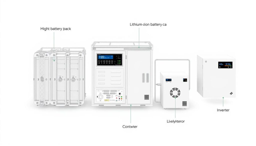A detailed, labeled diagram of the key components of a home energy storage system, including a lithium-ion battery pack, battery management system, inverter, and charge controller. The diagram is shown in a clean, technical style with a white background, using a combination of wireframe and solid 3D models to clearly illustrate the structure and interconnections of the system. The lighting is neutral, with soft shadows to provide depth and dimension. The diagram is oriented horizontally to best fit the article layout, and the components are arranged in a logical, easy-to-understand configuration.