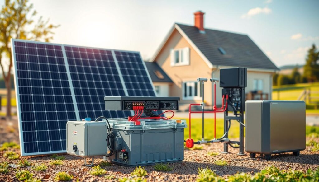 A detailed, technical diagram of a solar battery system, rendered with precision and clarity. Prominent in the foreground, the key components - solar panels, charge controller, battery bank, and inverter - are shown in an exploded view, their inner workings and interconnections clearly visible. The middle ground depicts the system's integration with a residential home, while the background showcases a serene, sun-drenched landscape, emphasizing the renewable energy source. The lighting is natural and diffused, creating a warm, informative atmosphere. The angle is slightly elevated, providing an optimal view of the system's layout and functionality.
