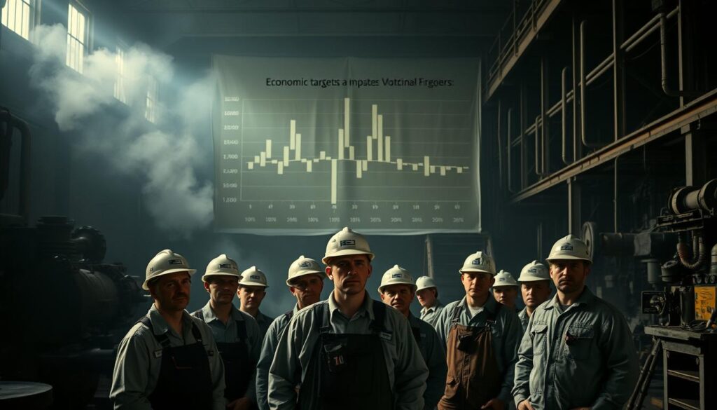 A dimly lit industrial workshop, heavy machinery and tools scattered around. In the foreground, a group of workers in hard hats and overalls, their faces etched with worry and uncertainty. They stand before a large, looming chart depicting economic indicators, projecting the impact of emissions targets on their livelihoods. The middle ground shows a hazy, smoke-filled backdrop, hinting at the environmental challenges they must navigate. The background is shrouded in a somber, muted palette, conveying the gravity of the situation facing these Australian workers. Dramatic lighting casts deep shadows, heightening the sense of tension and unease. A dimly lit industrial workshop, heavy machinery and tools scattered around. In the foreground, a group of workers in hard hats and overalls, their faces etched with worry and uncertainty. They stand before a large, looming chart depicting economic indicators, projecting the impact of emissions targets on their livelihoods. The middle ground shows a hazy, smoke-filled backdrop, hinting at the environmental challenges they must navigate. The background is shrouded in a somber, muted palette, conveying the gravity of the situation facing these Australian workers. Dramatic lighting casts deep shadows, heightening the sense of tension and unease.
