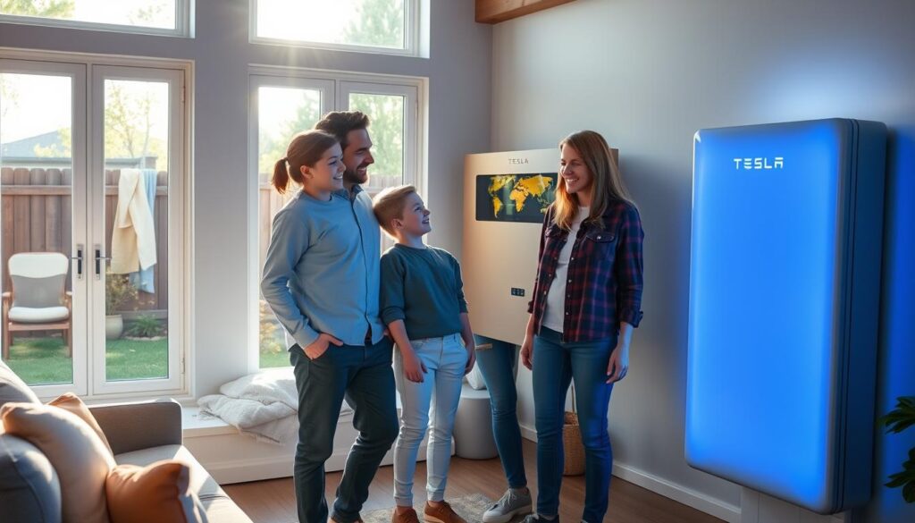 A family of four gathered around a Tesla Powerwall in their modern, energy-efficient home. The parents and two children, dressed in comfortable casual attire, stand in awe as the Powerwall's glowing display shows their real-time energy usage and generation from their rooftop solar panels. Sunlight streams through large windows, casting a warm, inviting glow. The living room features sleek, minimalist furniture and decor, reflecting the family's commitment to sustainability. In the background, glimpses of a verdant backyard can be seen through the windows, adding to the sense of a harmonious, eco-conscious lifestyle. The overall scene conveys a sense of pride, empowerment, and active engagement in managing the household's high energy demands through renewable energy technology.