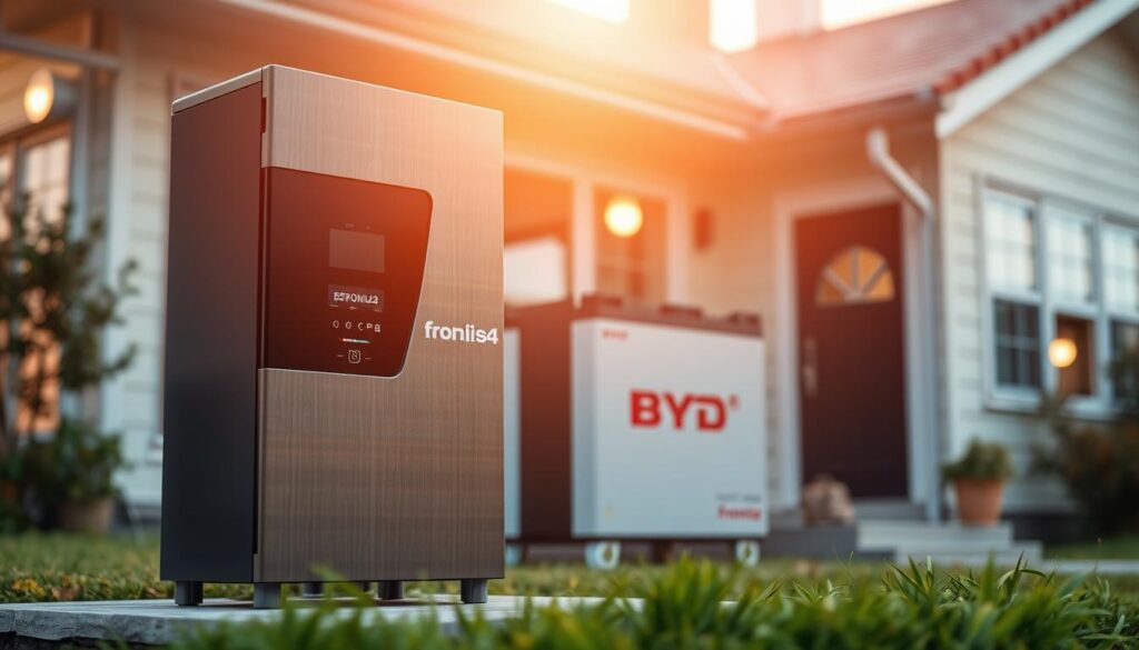 A high-resolution, photorealistic image of the Fronius GEN24 solar battery system paired with a BYD battery, captured in a warm, soft lighting environment. The foreground showcases the sleek, modern design of the Fronius GEN24 unit, with its brushed metal and matte black finish. The middle ground features the BYD battery, seamlessly integrated into the overall system. The background subtly highlights the surrounding home environment, suggesting a well-designed and efficient renewable energy setup. The composition emphasizes the harmonious integration of these two reliable and high-performance components, reflecting the section title "Fronius GEN24 with BYD: a proven pairing for reliable backup". A high-resolution, photorealistic image of the Fronius GEN24 solar battery system paired with a BYD battery, captured in a warm, soft lighting environment. The foreground showcases the sleek, modern design of the Fronius GEN24 unit, with its brushed metal and matte black finish. The middle ground features the BYD battery, seamlessly integrated into the overall system. The background subtly highlights the surrounding home environment, suggesting a well-designed and efficient renewable energy setup. The composition emphasizes the harmonious integration of these two reliable and high-performance components, reflecting the section title "Fronius GEN24 with BYD: a proven pairing for reliable backup".