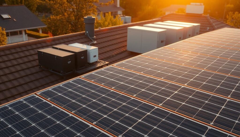 A rooftop solar array with integrated battery storage systems, bathed in warm, golden sunlight. The solar panels glisten, arranged in a sleek, modern configuration, while the battery units sit discreetly behind them, blending seamlessly with the home's architecture. The scene evokes a sense of self-sufficiency and clean energy, with the batteries ready to store excess solar power for later use. A wide, cinematic angle captures the entire setup, showcasing how home batteries complement a rooftop solar installation, empowering homeowners to maximize their renewable energy potential.