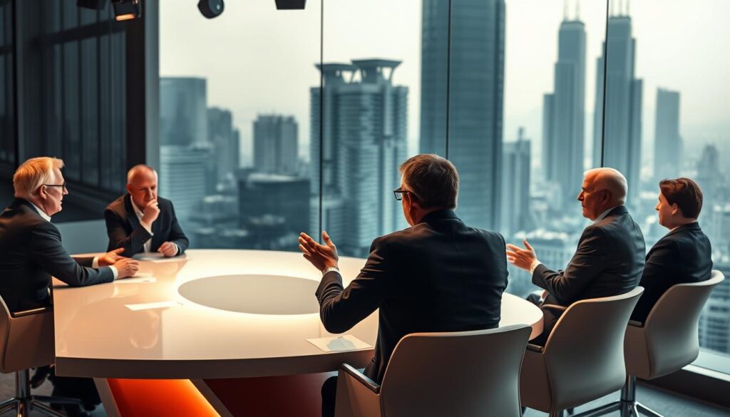A spirited debate over Australia's energy policy unfolds, with figures from opposing sides engaged in a lively discussion. In the foreground, a panel of experts sit around a sleek, modern table, gesturing animatedly as they present their arguments. Warm lighting casts a contemplative glow, while the background features a backdrop of sleek skyscrapers and a hazy urban skyline, hinting at the far-reaching implications of this crucial decision. The scene conveys a sense of intensity and urgency, as the participants grapple with the complex tradeoffs between economic growth, environmental sustainability, and national energy security. A spirited debate over Australia's energy policy unfolds, with figures from opposing sides engaged in a lively discussion. In the foreground, a panel of experts sit around a sleek, modern table, gesturing animatedly as they present their arguments. Warm lighting casts a contemplative glow, while the background features a backdrop of sleek skyscrapers and a hazy urban skyline, hinting at the far-reaching implications of this crucial decision. The scene conveys a sense of intensity and urgency, as the participants grapple with the complex tradeoffs between economic growth, environmental sustainability, and national energy security.
