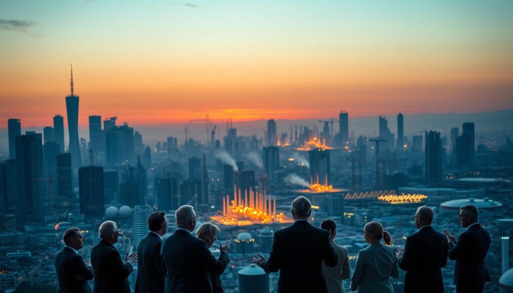 A sprawling cityscape at twilight, with towering skyscrapers and cranes dotting the horizon. In the foreground, a group of businesspeople in formal attire engaged in a heated debate, their gestures and expressions conveying the tension of the "net zero" discussion. The mid-ground features a range of industries, from factories belching smoke to renewable energy installations, symbolizing the economic trade-offs. The background is bathed in a warm, golden glow, creating a sense of unease and uncertainty about the future. The lighting is dramatic, with long shadows casting a pensive mood over the scene. The overall composition suggests the complex, multi-faceted nature of the "against net zero" debate in Australia. A sprawling cityscape at twilight, with towering skyscrapers and cranes dotting the horizon. In the foreground, a group of businesspeople in formal attire engaged in a heated debate, their gestures and expressions conveying the tension of the "net zero" discussion. The mid-ground features a range of industries, from factories belching smoke to renewable energy installations, symbolizing the economic trade-offs. The background is bathed in a warm, golden glow, creating a sense of unease and uncertainty about the future. The lighting is dramatic, with long shadows casting a pensive mood over the scene. The overall composition suggests the complex, multi-faceted nature of the "against net zero" debate in Australia.