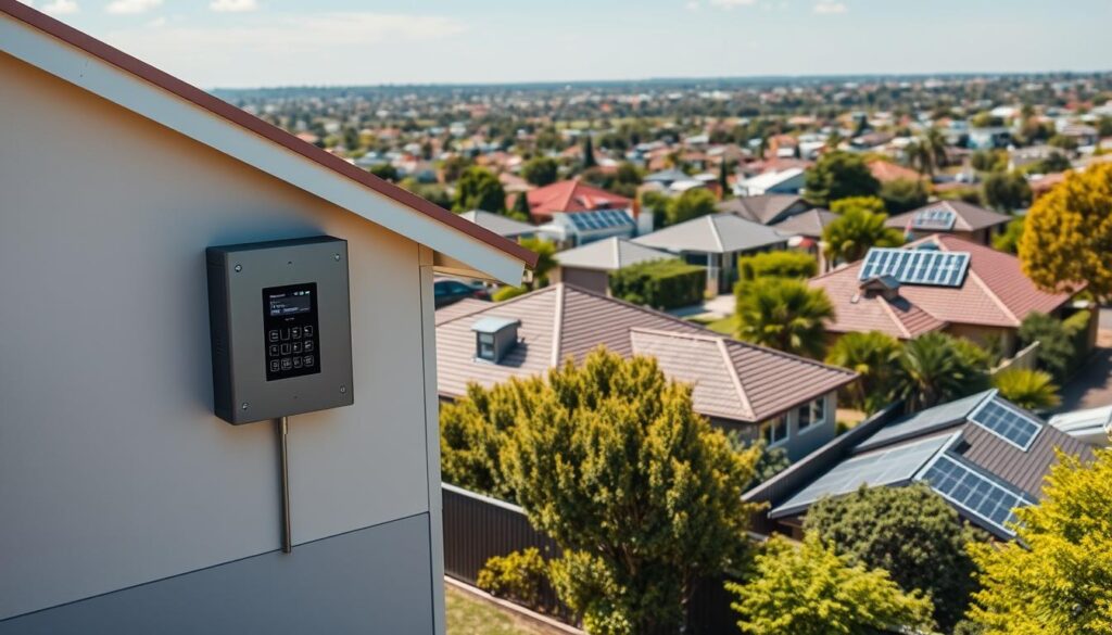 A sun-drenched Australian suburb, lush with greenery and vibrant homes. In the foreground, a modern house showcases a sleek home battery system prominently installed on the exterior wall. The battery's digital display illuminates, indicating its active status and efficient energy storage. In the middle ground, neighboring homes also feature similar battery systems, highlighting their growing popularity. The background reveals a panoramic view of the urban landscape, with solar panels glinting on rooftops, reflecting the nation's embrace of renewable energy solutions. The scene emanates a sense of innovation, sustainability, and the Australian public's increasing enthusiasm for household battery storage technology.