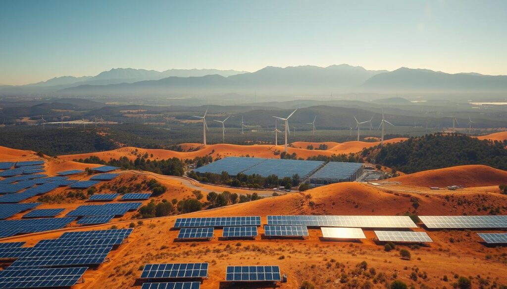 A sweeping aerial view of the Australian landscape, showcasing the rapid expansion of renewable energy infrastructure. In the foreground, solar panels glisten in the bright sunlight, arranged in organized rows across rolling hills. In the middle ground, wind turbines stand tall, their blades slowly turning to harness the power of the wind. In the distance, towering mountains and lush forests provide a backdrop, symbolizing the natural beauty of the country. The scene is bathed in a warm, golden light, conveying a sense of progress and optimism towards a sustainable future. The image reflects Australia's commitment to achieving net-zero emissions through the widespread adoption of clean energy solutions. A sweeping aerial view of the Australian landscape, showcasing the rapid expansion of renewable energy infrastructure. In the foreground, solar panels glisten in the bright sunlight, arranged in organized rows across rolling hills. In the middle ground, wind turbines stand tall, their blades slowly turning to harness the power of the wind. In the distance, towering mountains and lush forests provide a backdrop, symbolizing the natural beauty of the country. The scene is bathed in a warm, golden light, conveying a sense of progress and optimism towards a sustainable future. The image reflects Australia's commitment to achieving net-zero emissions through the widespread adoption of clean energy solutions.