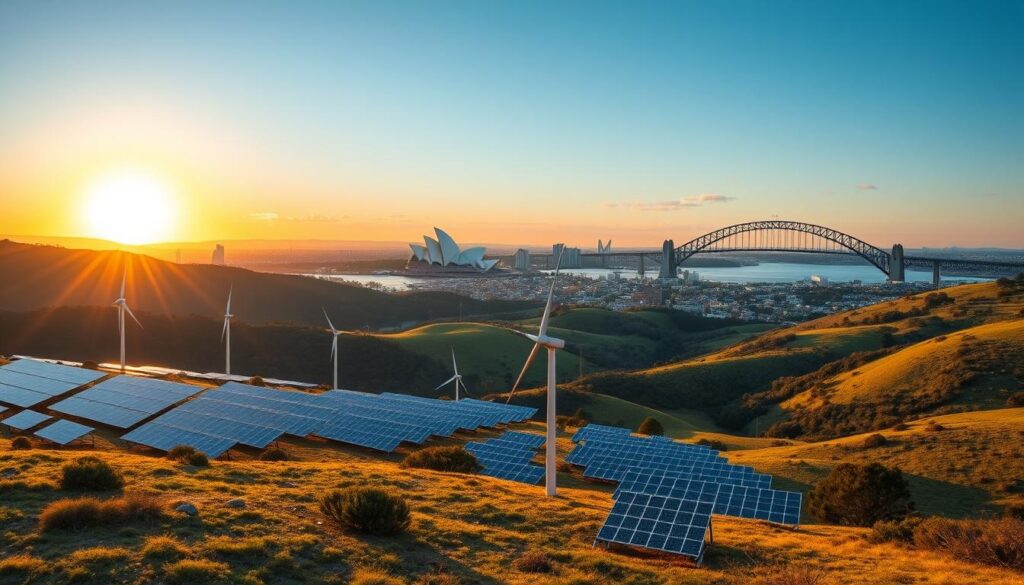 A sweeping landscape depicting Australia's commitment to net zero emissions. In the foreground, solar panels and wind turbines dot the rolling hills, harnessing the country's abundant renewable resources. In the middle ground, modern cityscapes with energy-efficient skyscrapers and electric vehicles reflect the nation's transition to a sustainable future. In the distance, the iconic Sydney Opera House and Harbour Bridge stand as symbols of Australia's cultural heritage, now powered by clean energy. The scene is illuminated by a warm, golden sunset, casting a hopeful glow over the nation's path to a carbon-neutral tomorrow. Captured with a wide-angle lens to convey the vastness of Australia's environmental transformation. A sweeping landscape depicting Australia's commitment to net zero emissions. In the foreground, solar panels and wind turbines dot the rolling hills, harnessing the country's abundant renewable resources. In the middle ground, modern cityscapes with energy-efficient skyscrapers and electric vehicles reflect the nation's transition to a sustainable future. In the distance, the iconic Sydney Opera House and Harbour Bridge stand as symbols of Australia's cultural heritage, now powered by clean energy. The scene is illuminated by a warm, golden sunset, casting a hopeful glow over the nation's path to a carbon-neutral tomorrow. Captured with a wide-angle lens to convey the vastness of Australia's environmental transformation.