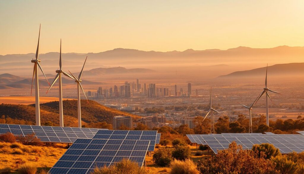 A sweeping landscape showcasing Australia's renewable energy transition debate. In the foreground, solar panels and wind turbines stand tall, harnessing the abundant natural resources. The middle ground features a bustling cityscape, with modern skyscrapers and infrastructure, symbolizing the nation's energy demands. In the background, rolling hills and vast outback stretch out, evoking the country's diverse geography. Warm, golden sunlight bathes the scene, creating a sense of progress and possibility. The image conveys the dynamic tension between Australia's renewable ambitions and the ongoing national discourse surrounding the path to net zero emissions. A sweeping landscape showcasing Australia's renewable energy transition debate. In the foreground, solar panels and wind turbines stand tall, harnessing the abundant natural resources. The middle ground features a bustling cityscape, with modern skyscrapers and infrastructure, symbolizing the nation's energy demands. In the background, rolling hills and vast outback stretch out, evoking the country's diverse geography. Warm, golden sunlight bathes the scene, creating a sense of progress and possibility. The image conveys the dynamic tension between Australia's renewable ambitions and the ongoing national discourse surrounding the path to net zero emissions.