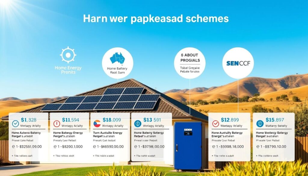 A well-lit, detailed illustration of various Australian home energy rebate schemes for battery storage systems. Foreground shows a modern Australian home with a rooftop solar panel system and a prominent home battery storage unit. Middle ground highlights different state/territory government energy rebate programs, their logos, and key details like rebate amounts. Background depicts a clean, sunny Australian landscape with rolling hills and a clear blue sky, conveying the renewable energy potential. Realistic, technical style with precise details and high dynamic range. Warm, optimistic tone that encourages Australian homeowners to consider the benefits of home battery storage.