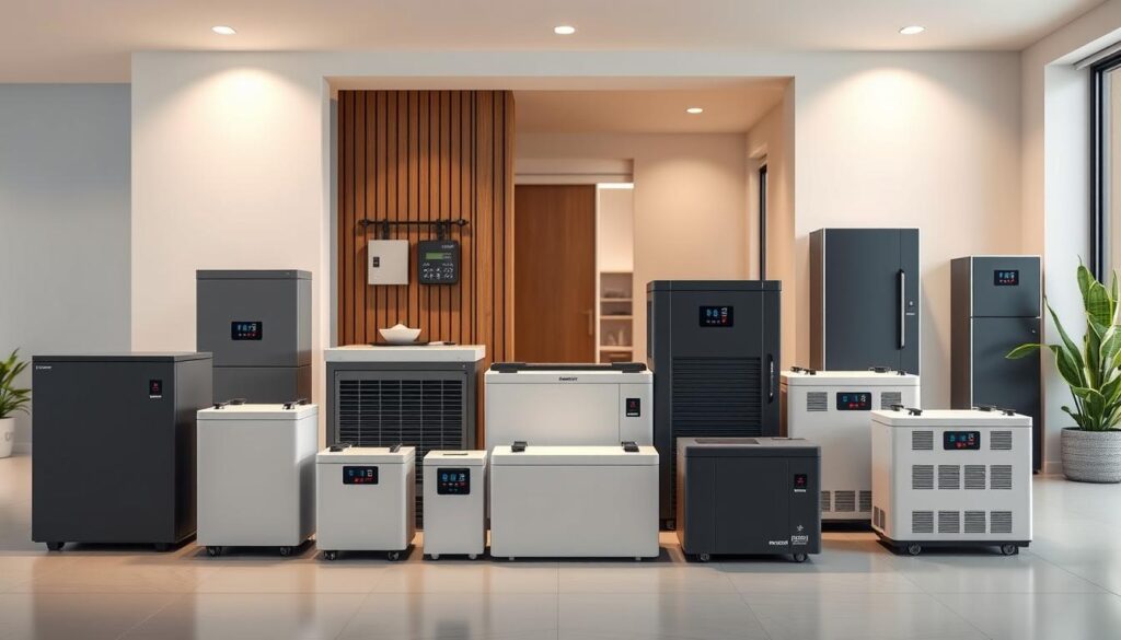 A well-lit, high-resolution image of several popular home battery systems arranged in a visually appealing and informative layout. The foreground features a range of battery units with clear details of their size, shape, and key technical specifications. The middle ground showcases these battery systems installed in a modern home setting, blending seamlessly with the architecture. The background provides a clean, neutral environment that allows the battery systems to take center stage. The overall mood is one of technological sophistication and practical home energy solutions. The image should convey a sense of the variety, capabilities, and potential cost-effectiveness of these battery systems for residential use.