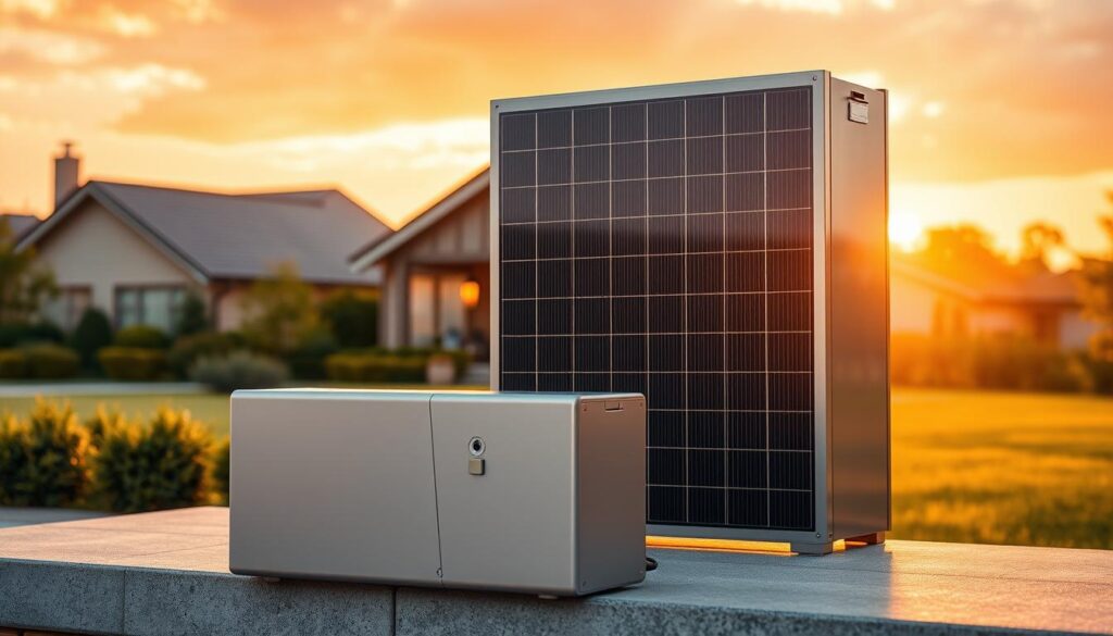 a highly detailed, photorealistic image of a sleek, modern solar battery system designed for home use, with a clean, minimalist aesthetic. The battery is prominently displayed in the foreground, its metallic casing reflecting the natural light. The background features a warm, golden-hued sunset, with a suburban home and lush, verdant landscaping visible in the distance, suggesting the battery's integration into a residential setting. The lighting is soft and diffused, creating a serene, inviting atmosphere. The composition emphasizes the battery's advanced technology and its role in powering a sustainable, eco-friendly home.