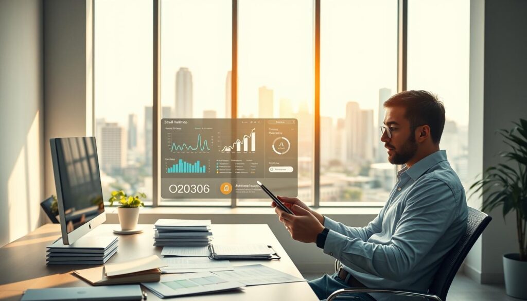 A bright, airy office setting, with a modern, minimalist aesthetic. In the foreground, a small business owner intently examining a tablet, surrounded by neatly organized paperwork and a sleek desktop computer. The middle ground features a digital dashboard displaying performance metrics, automated workflows, and AI-driven insights. In the background, a large window overlooking a bustling city skyline, bathed in warm, natural lighting. The overall mood is one of efficiency, innovation, and cost-effective optimization, reflecting the affordable AI solutions for small businesses. A bright, airy office setting, with a modern, minimalist aesthetic. In the foreground, a small business owner intently examining a tablet, surrounded by neatly organized paperwork and a sleek desktop computer. The middle ground features a digital dashboard displaying performance metrics, automated workflows, and AI-driven insights. In the background, a large window overlooking a bustling city skyline, bathed in warm, natural lighting. The overall mood is one of efficiency, innovation, and cost-effective optimization, reflecting the affordable AI solutions for small businesses.