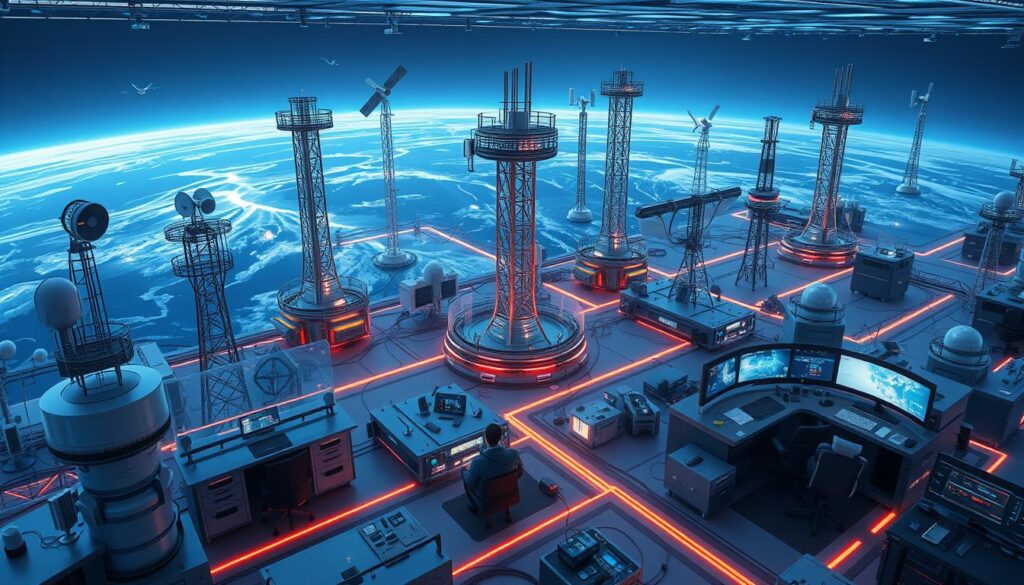 A complex network of advanced weather monitoring stations, satellite imagery, and AI-powered data analysis systems, all working in harmony to track and predict the intricate patterns of our ever-changing climate. Sleek, high-tech control centers with holographic displays and intuitive interfaces, manned by teams of expert climatologists and meteorologists. Towering antennae, spinning weather vanes, and a symphony of sensors collecting vital environmental data. The entire scene bathed in a cool, blue-tinged light, conveying the serious, scientific nature of this critical mission to understand and respond to the global climate crisis. A complex network of advanced weather monitoring stations, satellite imagery, and AI-powered data analysis systems, all working in harmony to track and predict the intricate patterns of our ever-changing climate. Sleek, high-tech control centers with holographic displays and intuitive interfaces, manned by teams of expert climatologists and meteorologists. Towering antennae, spinning weather vanes, and a symphony of sensors collecting vital environmental data. The entire scene bathed in a cool, blue-tinged light, conveying the serious, scientific nature of this critical mission to understand and respond to the global climate crisis.