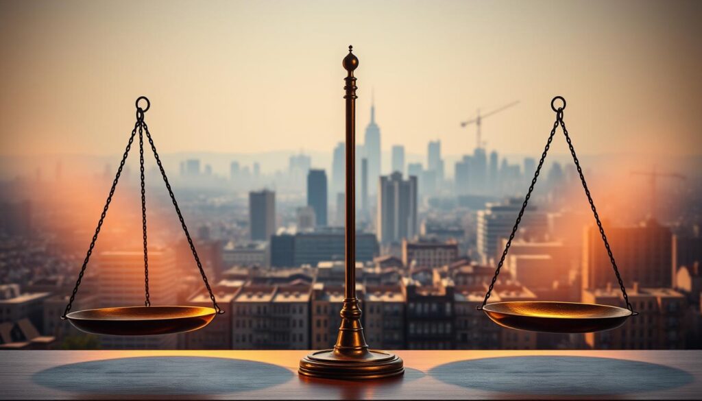 A detailed comparison of various equitable mechanisms for municipal rating reform, set against a backdrop of a modern city skyline. In the foreground, a pair of scales symbolizing the balance between property values and the capacity to pay, illuminated by warm, directional lighting that casts dramatic shadows. In the middle ground, a grid of residential and commercial buildings, each with a numerical valuation displayed, highlighting the disparities. In the distant background, a hazy horizon with skyscrapers and cranes, suggesting the broader urban landscape and the need for systemic change. The overall mood is one of contemplation and the pursuit of fairness, with a subtle sense of urgency conveyed through the dynamic lighting and composition.