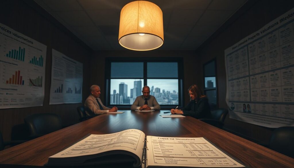 A dimly lit conference room, the walls lined with charts and graphs depicting various property valuation methods. In the foreground, a worn wooden table holds an open ledger, its pages detailing calculations and formulas for rate exemptions. Overhead, a single pendant lamp casts a warm glow, highlighting the concentration on the faces of the municipal officials poring over the documents. In the background, the muted tones of a city skyline can be seen through the tinted windows, a subtle reminder of the real-world implications of these decisions. The atmosphere is one of serious deliberation, the weight of the task at hand palpable in the room.