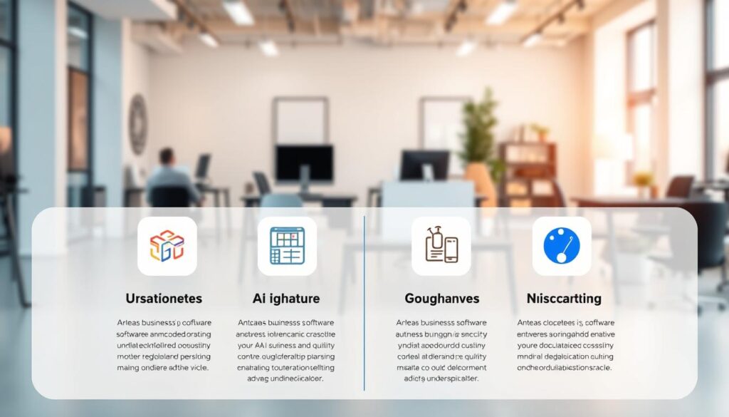A high-quality digital illustration depicting a side-by-side comparison of various small business AI technology tools. The foreground features a clean, minimalist layout showcasing four popular AI software applications, each represented by an intuitive icon and a brief description. The middle ground highlights the tools' key features in a concise, easy-to-digest manner. The background depicts a soft, blurred office setting with modern furniture and equipment, conveying a professional, technology-driven atmosphere. The lighting is soft and warm, creating a welcoming and approachable ambiance. The overall composition is visually striking, with a balanced layout and harmonious color palette to effectively showcase the AI tools and their benefits for small businesses. A high-quality digital illustration depicting a side-by-side comparison of various small business AI technology tools. The foreground features a clean, minimalist layout showcasing four popular AI software applications, each represented by an intuitive icon and a brief description. The middle ground highlights the tools' key features in a concise, easy-to-digest manner. The background depicts a soft, blurred office setting with modern furniture and equipment, conveying a professional, technology-driven atmosphere. The lighting is soft and warm, creating a welcoming and approachable ambiance. The overall composition is visually striking, with a balanced layout and harmonious color palette to effectively showcase the AI tools and their benefits for small businesses.