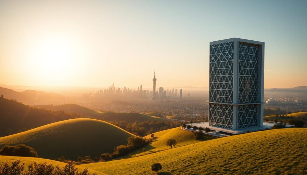 A majestic, sun-drenched landscape with rolling hills and lush greenery. In the foreground, a striking modern building with clean lines and a sleek, minimalist design stands proudly, its façade adorned with intricate geometric patterns that evoke the principles of equitable rating frameworks and land value tax reform. The middle ground features a bustling city skyline, its skyscrapers and high-rises casting long shadows across the landscape, symbolizing the complex interplay of urban development and tax policies. The background is dominated by a vast, cloudless sky, bathed in a warm, golden light, conveying a sense of optimism and progress. The overall scene exudes a harmonious blend of architectural elegance, environmental sustainability, and a forward-looking vision for a more equitable society.