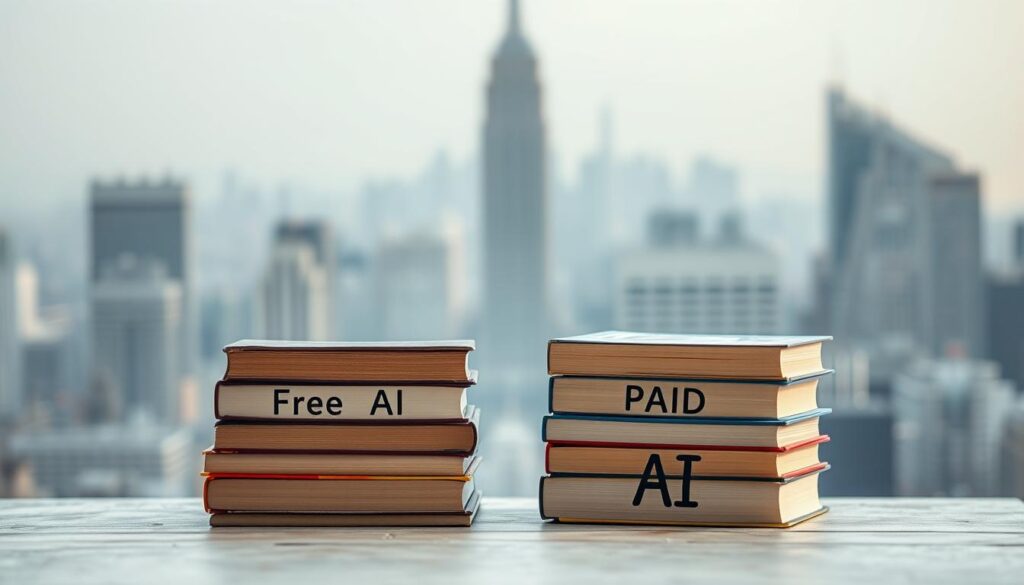 A meticulously composed scene depicting two stacks of books, one labeled "Free AI" and the other "Paid AI", placed against a backdrop of a city skyline. The lighting is soft and warm, with a slightly hazy atmosphere to convey a contemplative mood. The camera angle is slightly elevated, allowing the viewer to observe the comparative sizes and details of the book stacks. The foreground is in sharp focus, while the background is subtly blurred, directing the eye to the central elements. The overall composition suggests a thoughtful comparison of the cost-effective AI solutions available to small and medium-sized enterprises. A meticulously composed scene depicting two stacks of books, one labeled "Free AI" and the other "Paid AI", placed against a backdrop of a city skyline. The lighting is soft and warm, with a slightly hazy atmosphere to convey a contemplative mood. The camera angle is slightly elevated, allowing the viewer to observe the comparative sizes and details of the book stacks. The foreground is in sharp focus, while the background is subtly blurred, directing the eye to the central elements. The overall composition suggests a thoughtful comparison of the cost-effective AI solutions available to small and medium-sized enterprises.