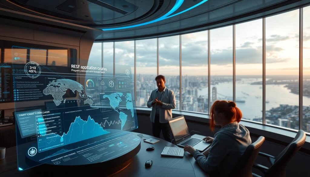 A sleek, futuristic command center where climate adaptation technologies are monitored and assessed. In the foreground, a holographic display showcases detailed property risk data, with AI-powered analytics and predictive models. In the middle ground, a team of experts examines the information, gesturing towards interactive dashboards. The background features a panoramic window overlooking a coastal city, with rising sea levels and extreme weather events visible in the distance. Soft, blue-hued lighting creates an atmosphere of innovation and technological sophistication, while subtle details like renewable energy sources and sustainable materials convey a sense of environmental responsibility. A sleek, futuristic command center where climate adaptation technologies are monitored and assessed. In the foreground, a holographic display showcases detailed property risk data, with AI-powered analytics and predictive models. In the middle ground, a team of experts examines the information, gesturing towards interactive dashboards. The background features a panoramic window overlooking a coastal city, with rising sea levels and extreme weather events visible in the distance. Soft, blue-hued lighting creates an atmosphere of innovation and technological sophistication, while subtle details like renewable energy sources and sustainable materials convey a sense of environmental responsibility.