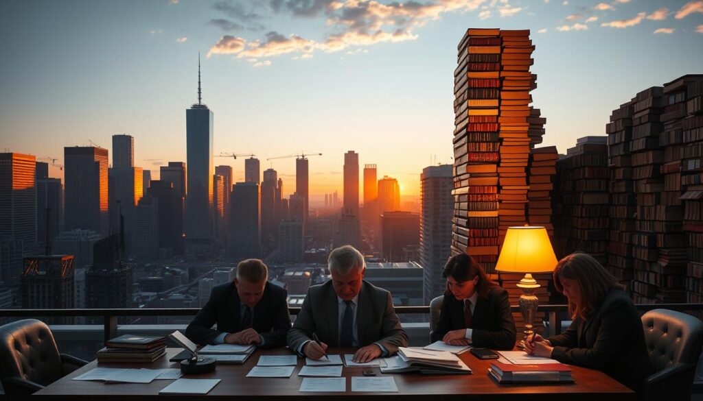 A vast city skyline, its skyscrapers casting long shadows in the golden hour light. In the foreground, a city council meeting table, illuminated by warm lamps, where municipal leaders pore over financial documents and budgets. Behind them, a towering wall of legislation books, symbolizing the complex web of rate capping policies and guidelines that constrain their decisions. The atmosphere is one of contemplation and concern, as the leaders grapple with the realities of financial sustainability and the impact of legislative mandates on their ability to serve their community. The scene conveys the gravity of the challenges facing local councils, the delicate balance between fiscal responsibility and community needs.